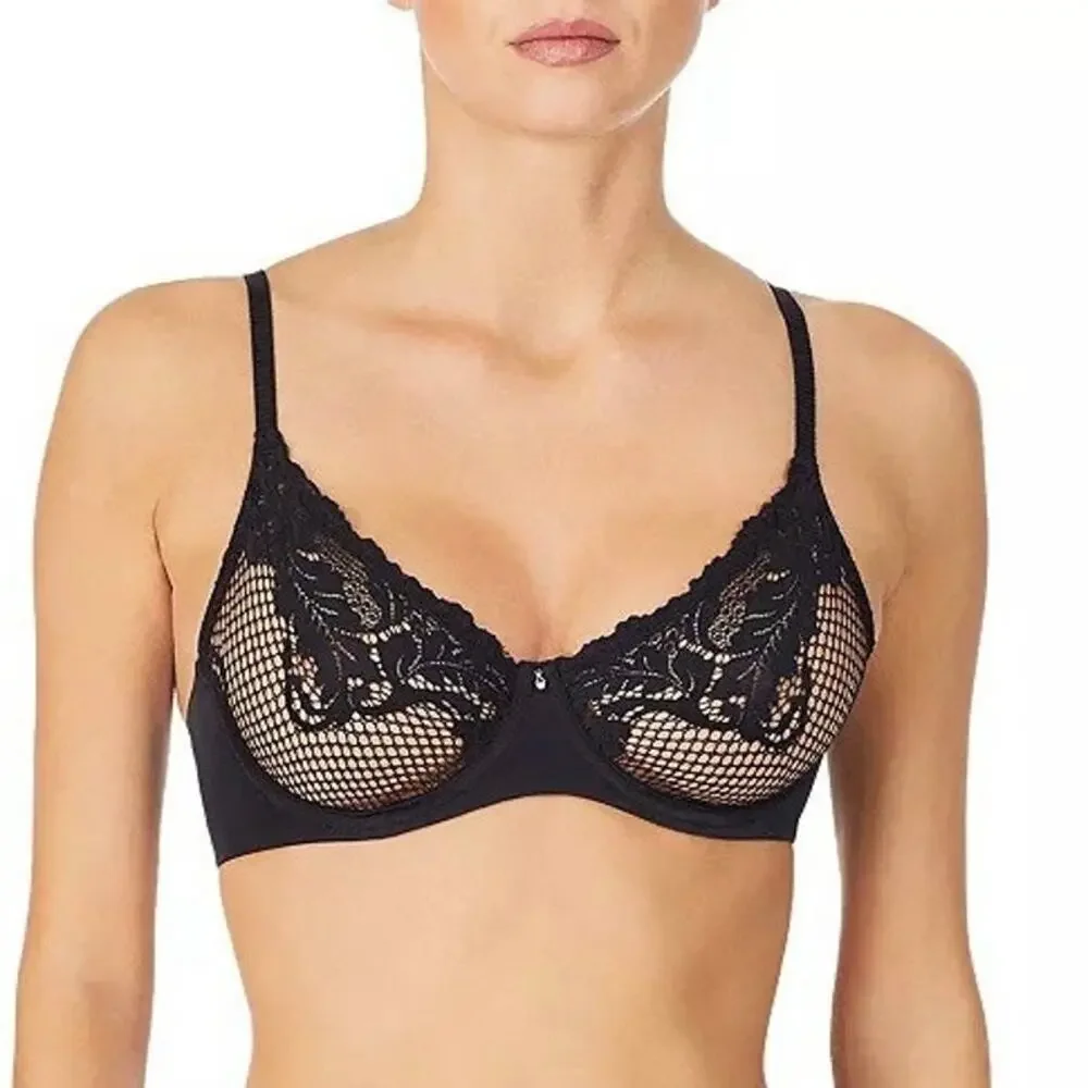 Le Mystere Lace Allure Unlined Underwire Demi Bra Adjustable Black Size 34DD NWT